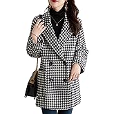 SOMTHRON Women's Houndstooth Blazer Jackets Double Breasted Notch Lapel Trench Coat Peacoat Plaid Overcoat