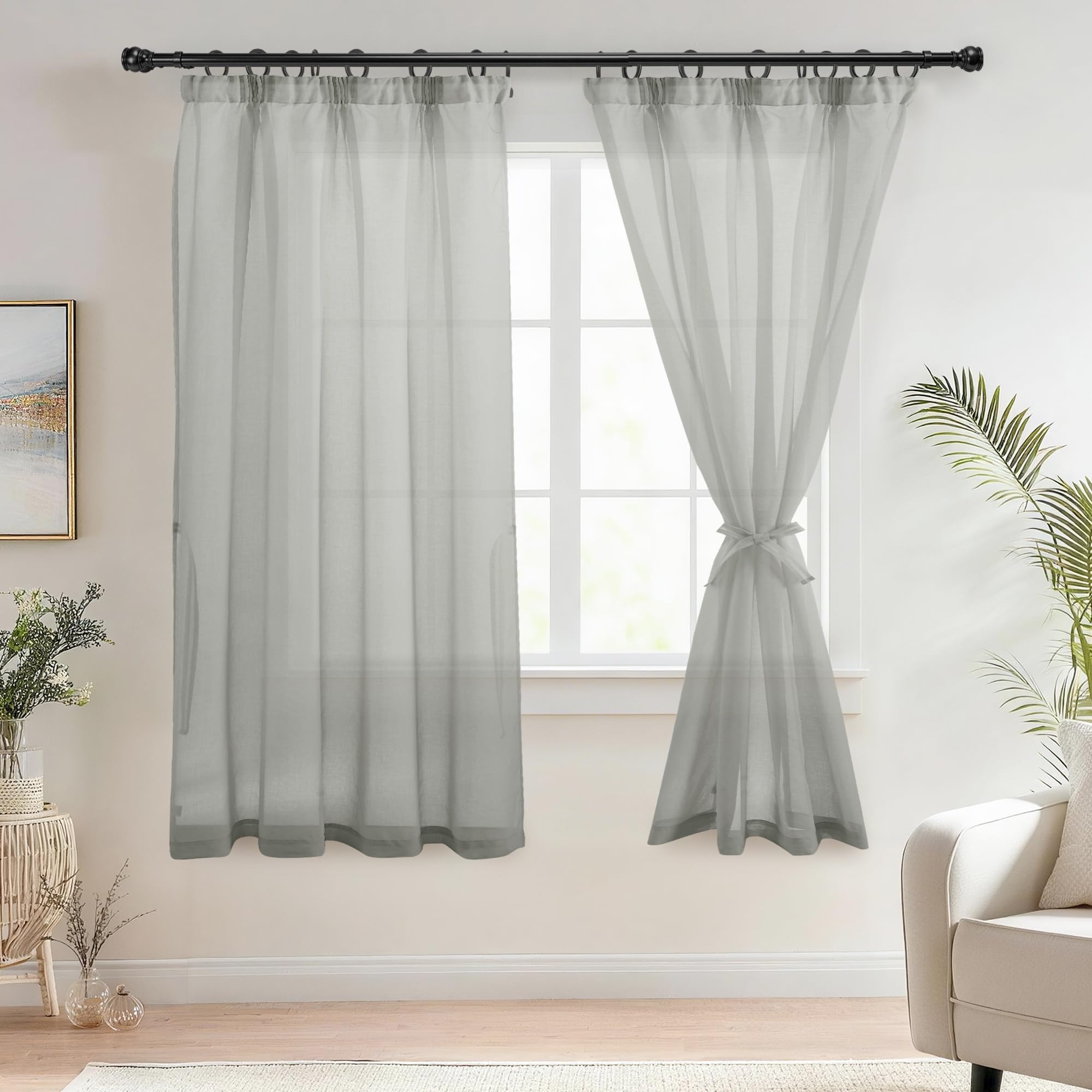 DWCN Sheer Grey Curtains with Tiebacks Transparent Curtains for Windows Pencil Pleat 2 Panels, Grey, W55 x L69 Inch