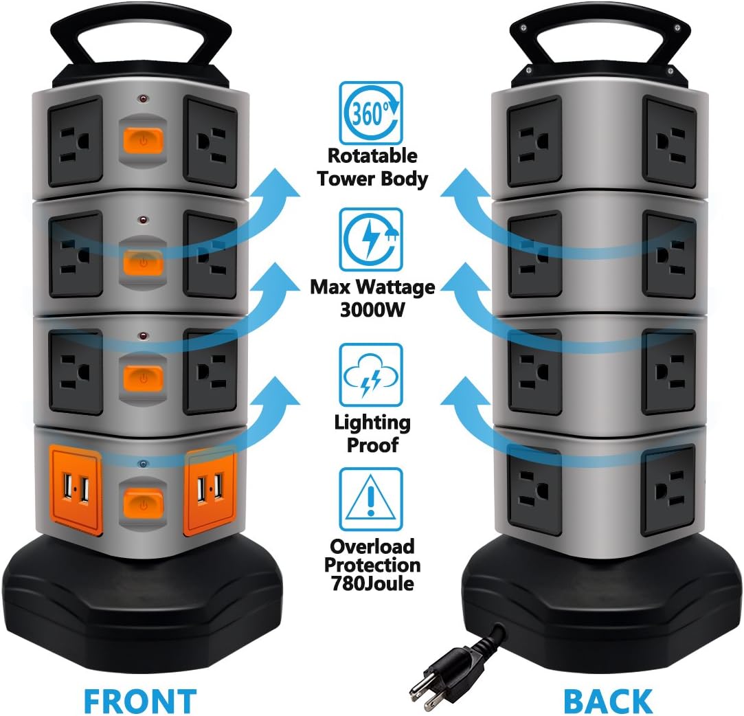 Power Strip Tower, Lovin Product Surge Protector Electric Charging Station, 14 Outlet Plugs with 4 USB Slot 6 feet Cord Wire Extension Universal Charging Station (1-PACK) - - 
