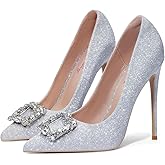 Elisabet Tang Women's High Heels,4.72 Inch Satin Glitter Rhinestone Stiletto Pumps for Women Sexy Closed Pointed Toe Heels Elegant Versatile Wedding Bridal Party Dress Shoes