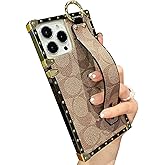 BUSDOG Luxury Rectangle Leather Compatible for iPhone 15 Pro Max Case with Wristband Strap Anti Drop Protective Designer Case Compatible with iPhone 15 Pro Max- 6.7 inch (Brown)