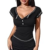 winkbay Women's Summer Button Front Scoop Neck T Shirts Vintage Cap Sleeve Fitted Dressy Casual Tops