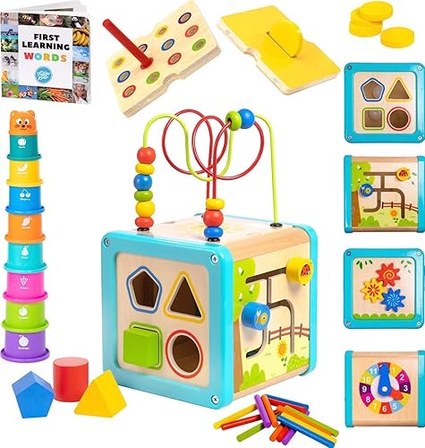 Pidoko Kids Wooden Baby Activity Cube for Toddlers 1-3