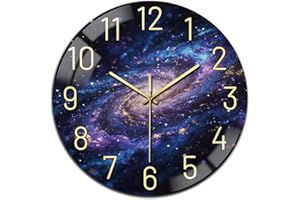 Peacoblue Wall Clocks Battery Operated Universe Galaxy and Starry Sky 12 Inch Glass Round Wall Clock Non Ticking for Kitchen 