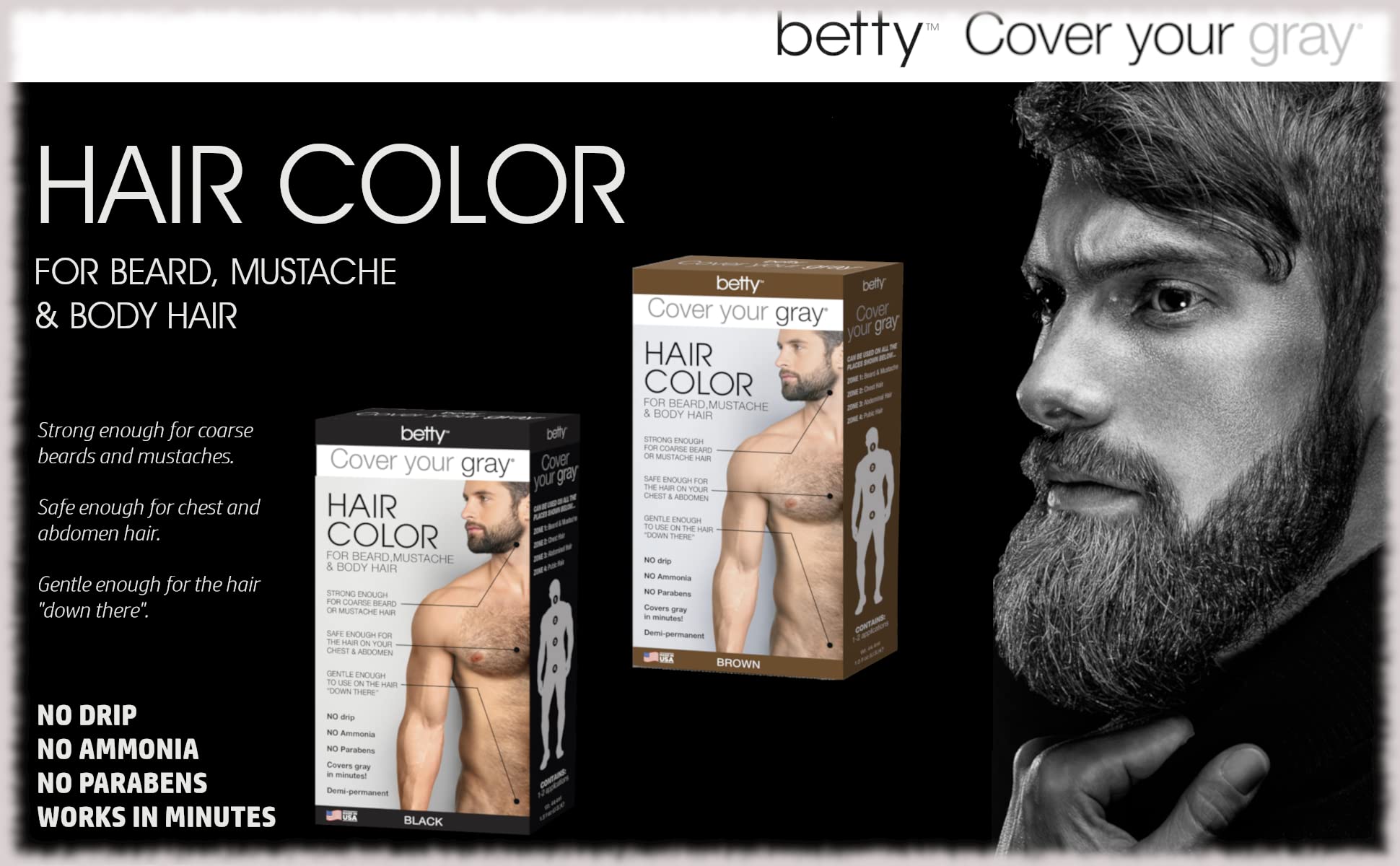 Betty Cover Your Gray Mens Hair Color for Beard, Mustache & Body Hair - Brown