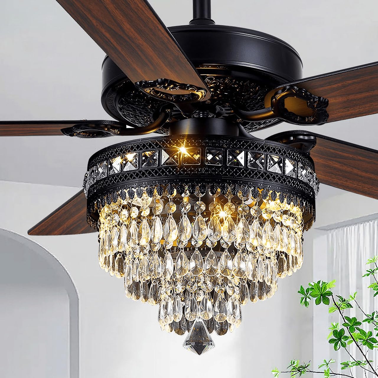 Photo 1 of Crystal Chandelier Ceiling Fan with 3-Light, Farmhouse Fandelier with Remote - Silent DC Motor, K9-Crystal, Wood Blades, 3-Speed and Timing, Energy-Efficient Ceiling Fans for Living Room (52" Black)