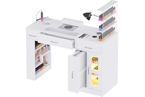 Kikihouse Manicure Table Nail Tech Desk w/Glass Top Drawer, Nail Tech Table w/Movable Shelves, Dust Collector, Wireless Charging, Cabinet, LED Lights, Acetone-Resistant Salon Workstation (White)