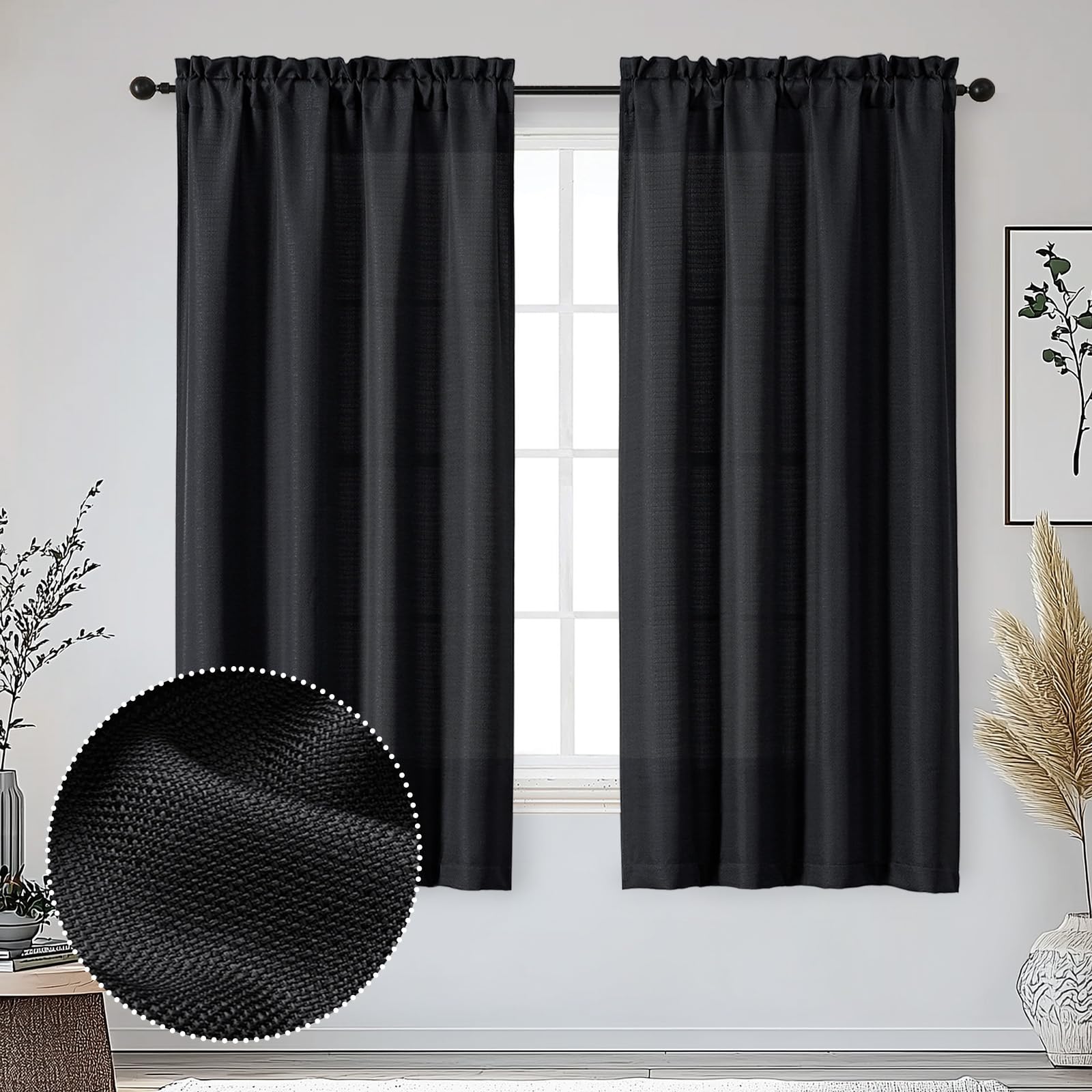 Photo 1 of OWENIE Bob Black Curtains 63 Inch Length 2 Panels Set for Living Room Bedroom, Light Filtering Faux Linen Textured Soft Window Curtain, Airy Soft Rod Pocket cortinas para cuarto, 40Wx63L Inches, 2 Pcs