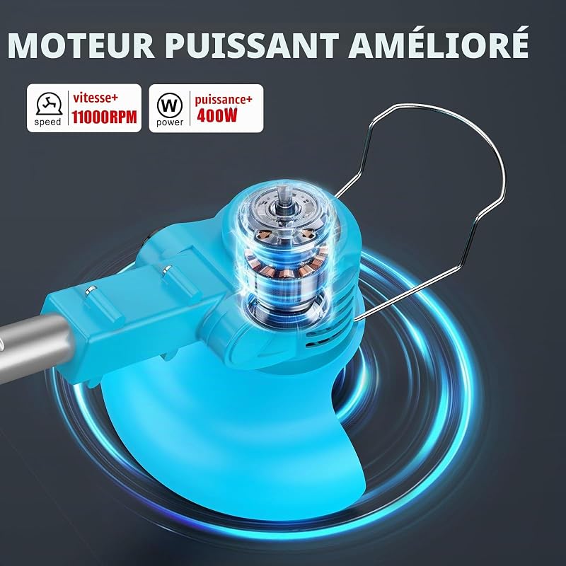 Débroussailleuse Electrique sans Fil 21V, Coupe Bordure sans Fil avec 2 Batteries 2.0Ah, 2 Types de Metal Lames Débroussailleuse Batterie, Sécateur de Jardin, Poignée Réglable pour Élagage (Bleu)