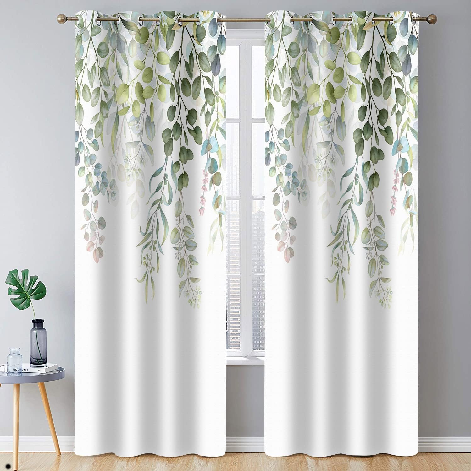 Outdoor Curtains - BSPPTI Eucalyptus Curtains, Weeping Green Succulent Plant Flower Room Darkening Thermal Insulated Polyester Fabric, Grommets Window Drapes for Living, Dining, 52