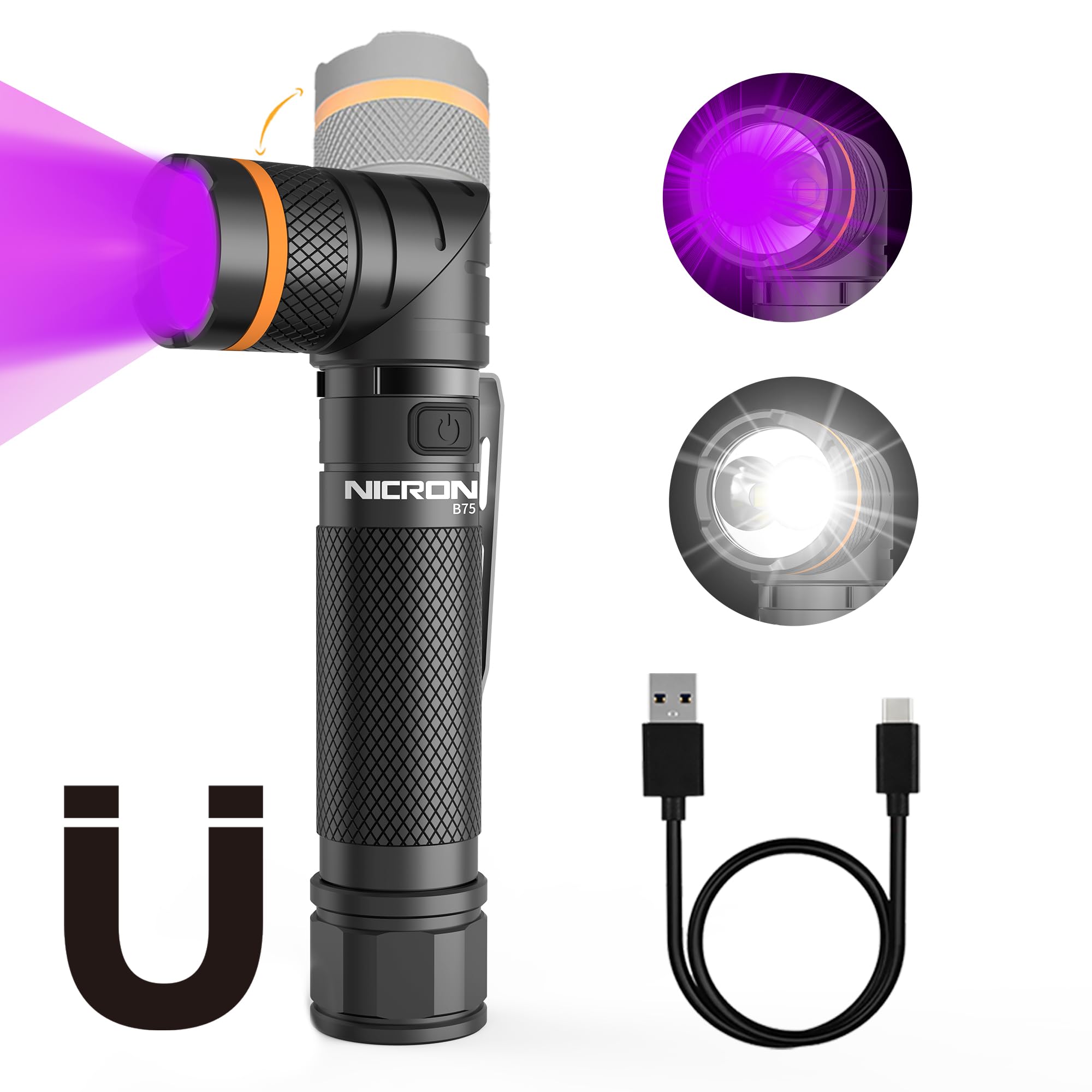 NICRON B75 LED Torch USB Rechargeable Handheld 2 in 1 UV Flashlight, 1000 Lumens 4 Modes Powerful Torch, Waterproof IP65 Magnetic Base for Outdoor Urine Detector