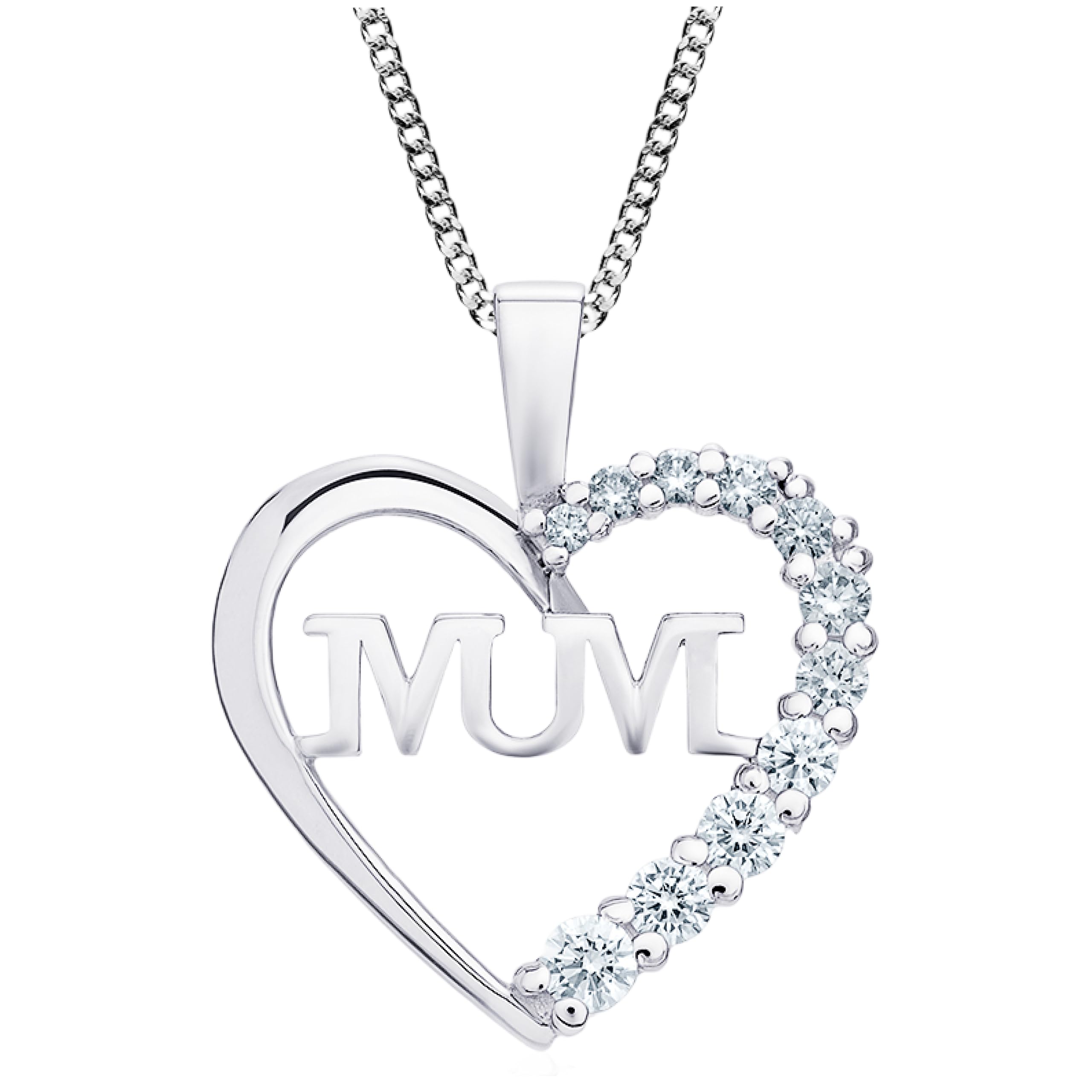 Aeon Jewellery Silver Mum Necklace - 925 Sterling Silver & Cubic Zirconia Heart Pendant | Polishing Cloth Included | Jewellery Gifts for Mothers