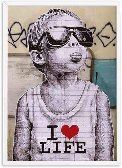 Amazon Qqwer Banksysグラフィティアート抽象キャンバス絵画ガールスマイルロボットとバーコードポスターとプリント Ilovelife ウォールキャンバスアートホーム 50x70cmx1pcs フレームなし ウォールステッカー オンライン通販