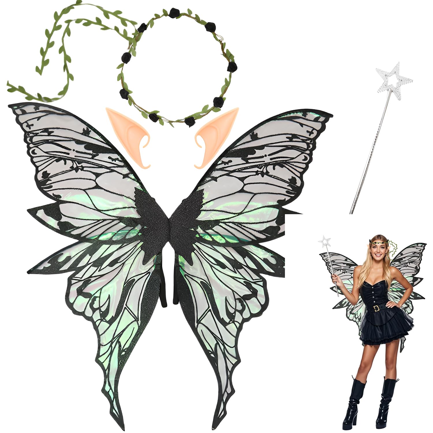 Pipihome Fairy Wings Adult, Fairy Costume Tinkerbell Wings for Adult Kids, Butterfly Wing Dress Up Sparkling Sheer Angel Costume with Elf Flower Headband for Halloween Party