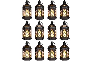 Reperla 12-Pack Mini Lanterns, Small Candle Lanterns Decorative, Black Tea Light Lantern, Ramadan Eid Decor, Table Centerpiece for Wedding Halloween Christmas, Easter Decorations, Battery Included