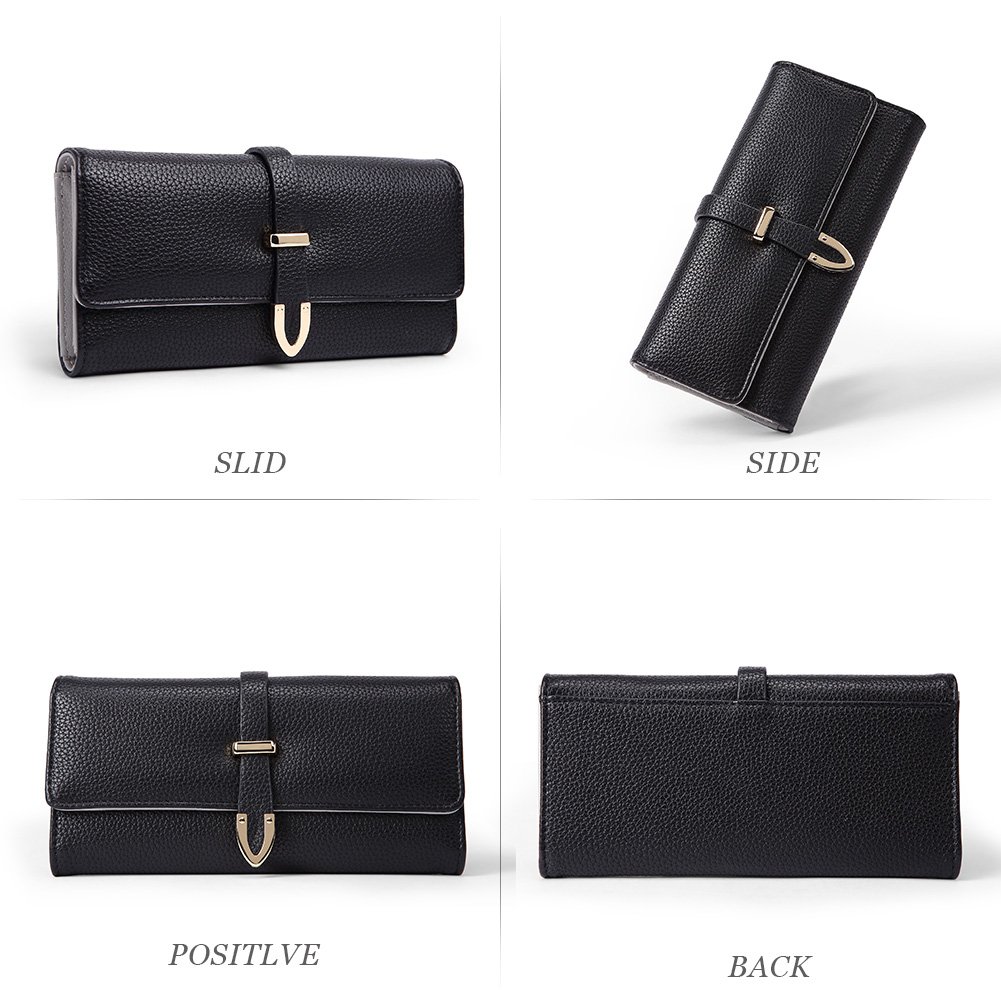 Wallet for Women Leather Large Capacity Trifold Checkbook Card Holder Organizer with Snap Closure Ladies Clutch black