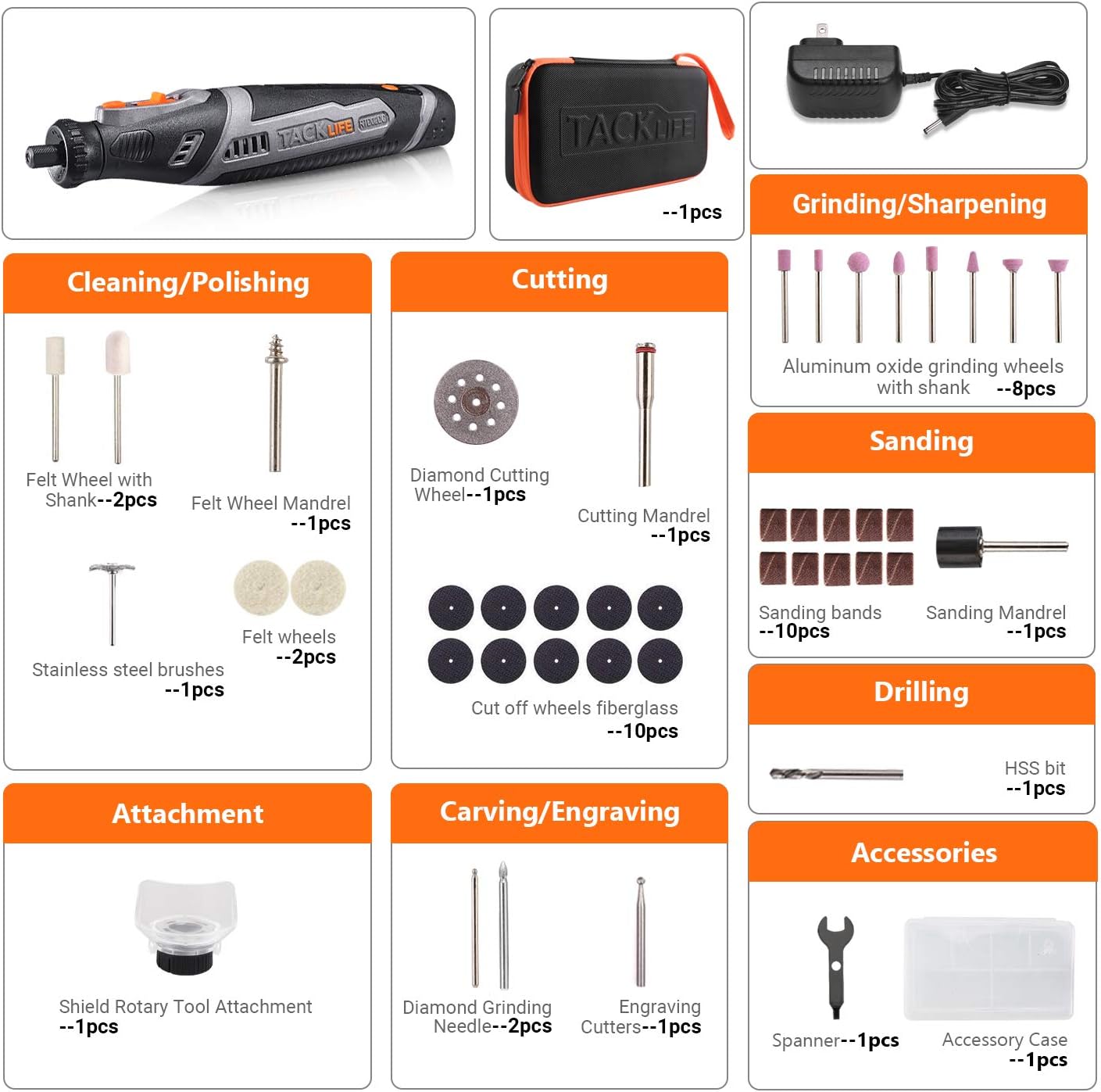TACKLIFE Cordless Rotary Tool Powerful 8V Motor 2.0 Ah Li-ion Battery with 43 Accessories and Shield Attachment, Long Endurance Power, Perfect for Sanding, Grinding, Cutting and Engraving-RTD02DC - - 