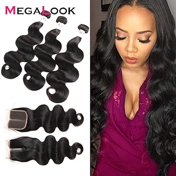 Megalook 9a Body Wave Human Hair Bundles With Closure Middle Part