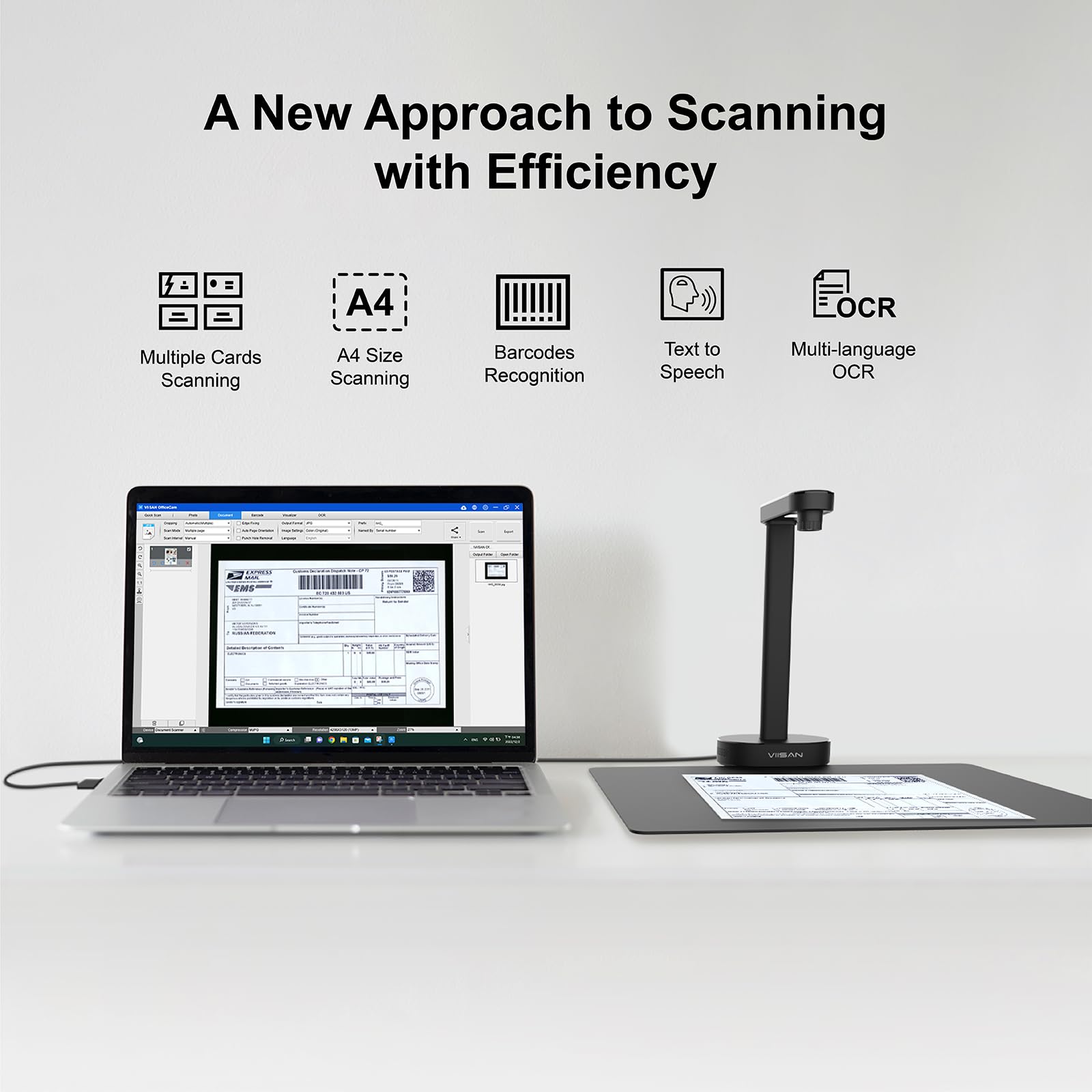 VIISAN A8401 Document Scanner Camera: 16MP Output, Portable USB Camera for Laptop/Desktop, Deskewing, Multiple Page Documents Scanning, OCR & TTS Tech, Works with Windows & MacOS