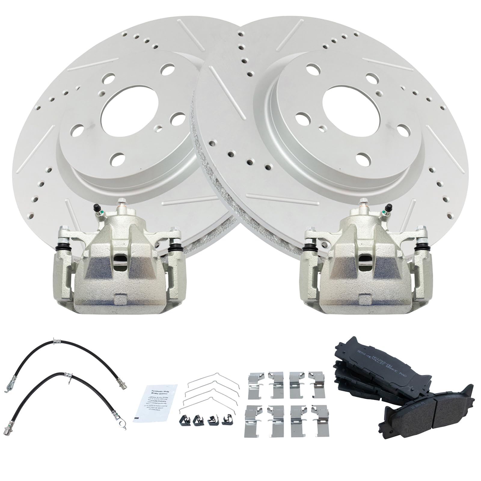 TRQ Front Brake Pad and Rotor Set Semi Metallic Drilled Slotted Coated Rotors Calipers Compatible with 2007-2012 Lexus ES350 2007-2011 Toyota Camry Image