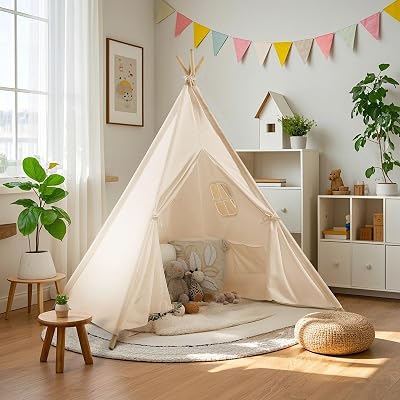 Wilwolfer Kids Teepee Tent Foldable Playhouse with 4 Poles White Canvas