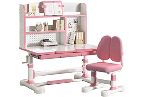 CHIOMEY Kids Functional Desk and Chair Set - Ergonomic Height Adjustable Study Desk with Tiltable Desktop, Book Stand, Reading Rack & Storage Drawer for Children Boys & Girls (Pink)