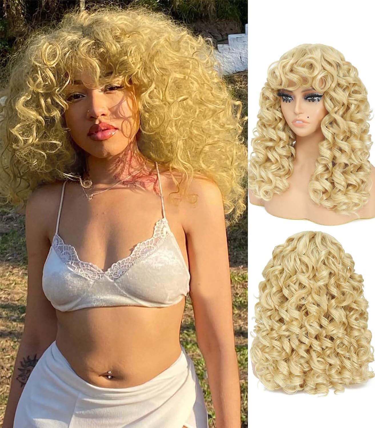 Photo 1 of GKtineke-Blonde-Curly-Wig Big-Curly-Wigs-for-White-Black-Women 20 Inch- Long-Curls-Afro-Wig-with-Bangs Synthetic-Hair-Replacement-Wigs-for- Cosplay and Daily (Blonde)