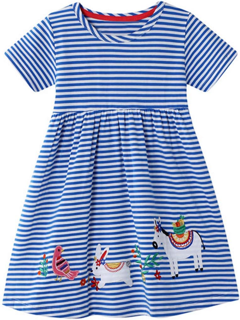 Toddler Girls Cotton Dresss Summer Short Sleeve Casual Blue Stripe Rubbit Horse Appliques Basic Tunic Jersey Dress 3t