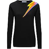 OXKnit Women's 1960s Retro Knit Long Sleeve T-Shirts, Lightning Pattern Crewneck Casual Knit Top