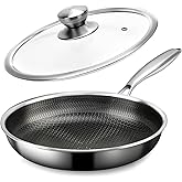 Stainless Steel Frying Pan with Lid, 8 Inch Honeycomb Non Stick Frying Pan, Small Stainless Steel Nonstick Pans W/Lid, Safe Nonstick Skillet Egg Omelete Pans, Oven Safe, Induction Compatible,PFOA Free