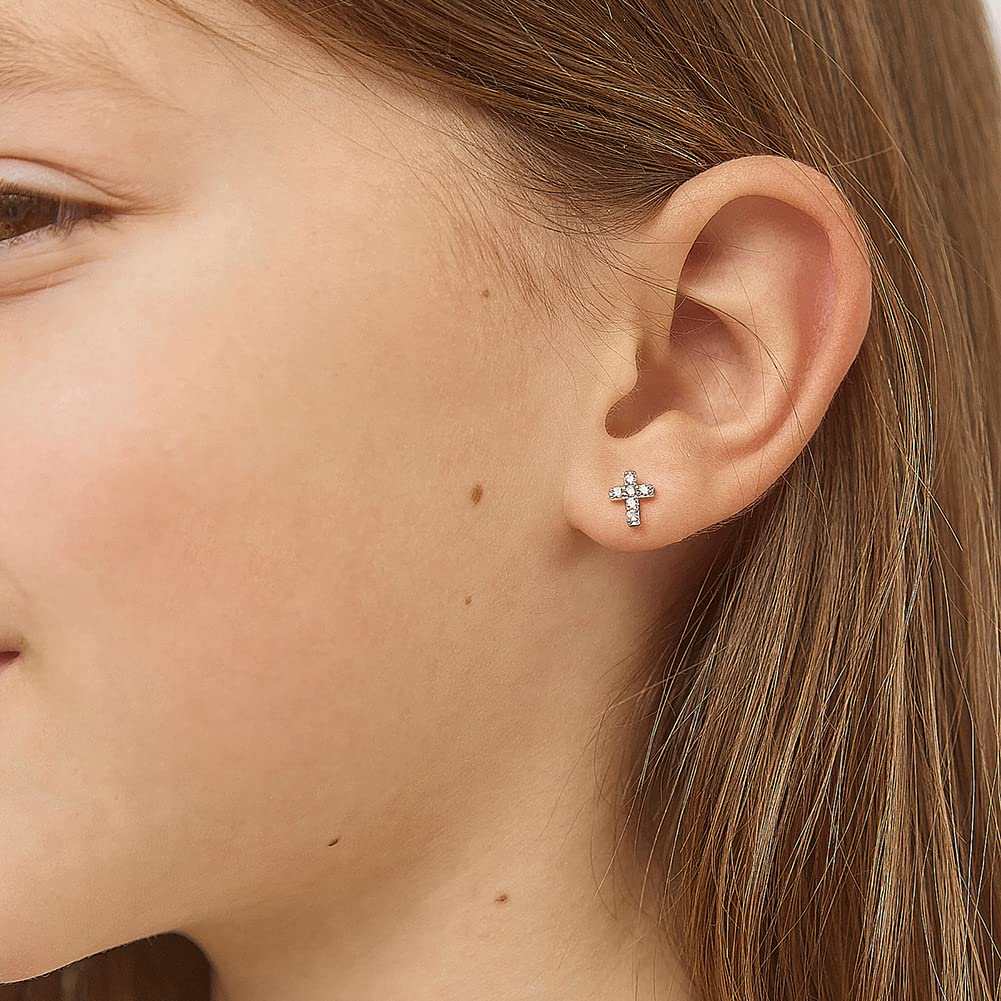925 Sterling Silver Cubic Zirconia Little Cross Shape Stud Earrings with Safety Screw Back Lock for Toddlers, Little Girls, Pre-Teens & Teens - Christian Jewelry for Sweet & Loving Children