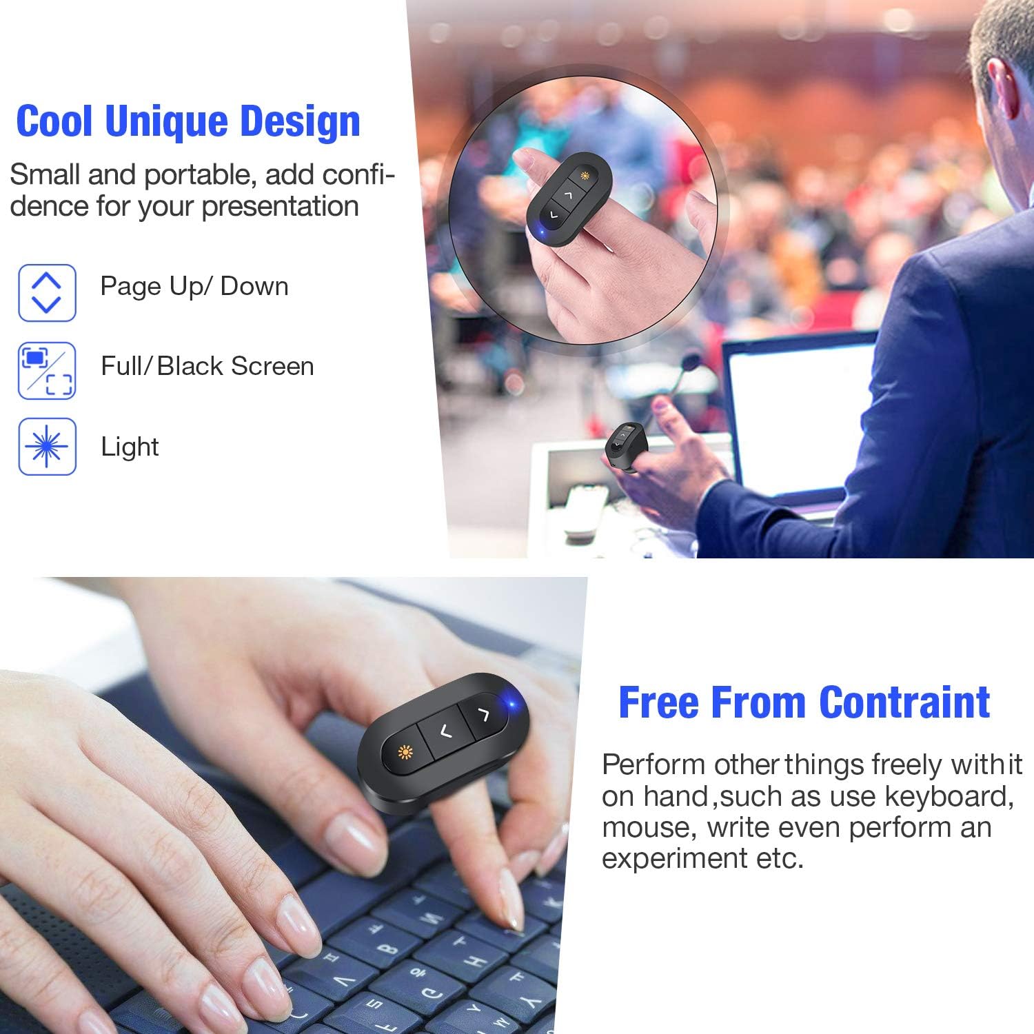 DinoFire Presentation Clicker USB Rechargeable Powerpoint Clicker, Finger Ring RF 2.4GHz Wireless Presenter Clicker for Powerpoint Presentations, Presentation Remote for Mac, Keynote, Laptop etc. : Home Audio & Theater