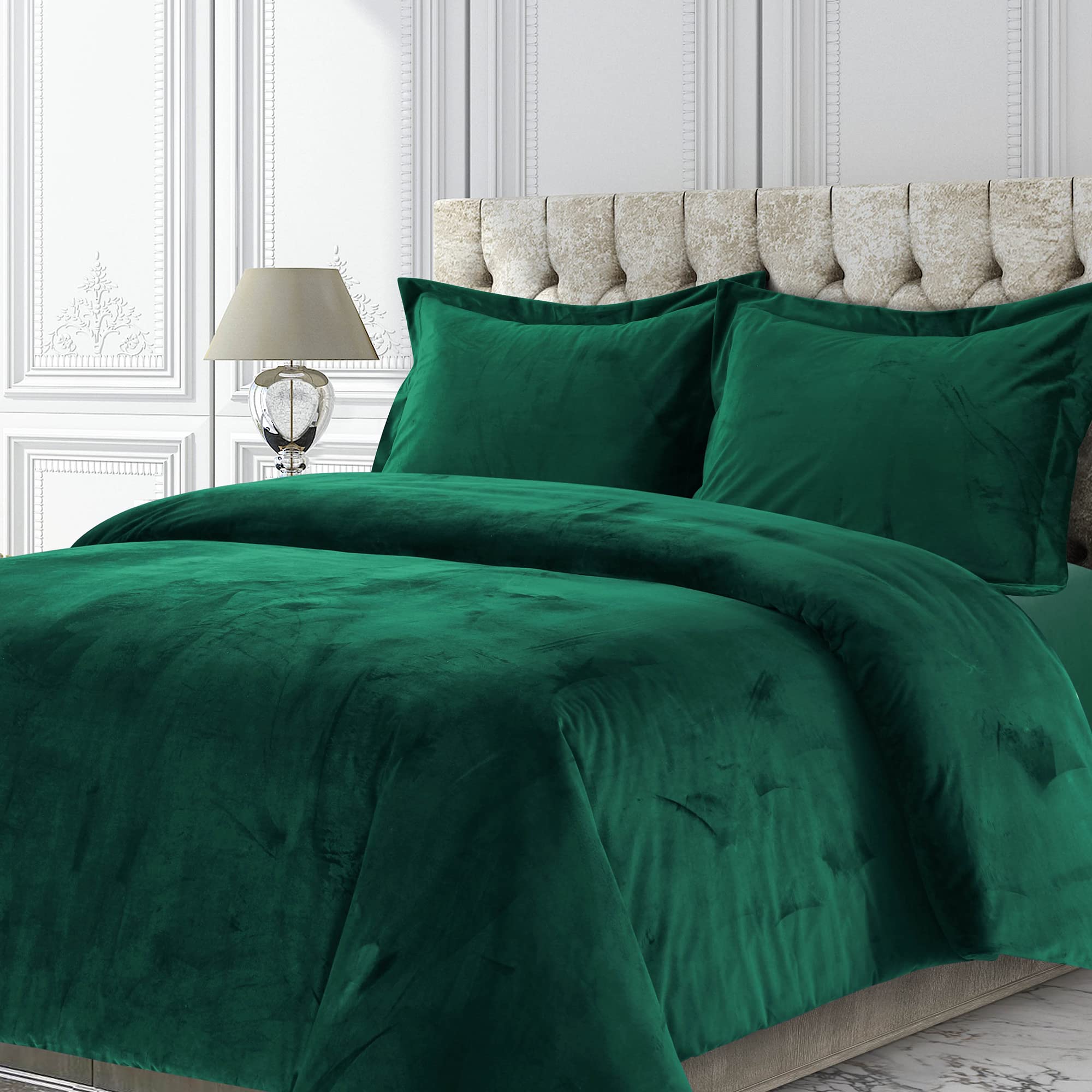 Photo 1 of Tribeca Living Venice Velvet Oversized Duvet Set, Luxurious 3-Piece King Bedding, Super Soft Velvet with Hidden Button Closure, Emerald Green
