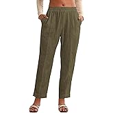 Amazhiyu Women's Pure Linen Summer Elastic Waist Drawstring Tapered Pants Green, Medium