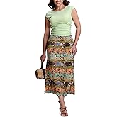 Kimmery Summer Casual Two Piece Skirt Set for Women Crew Neck Crop Tops Elastic Waist Midi Skirt Outfits
