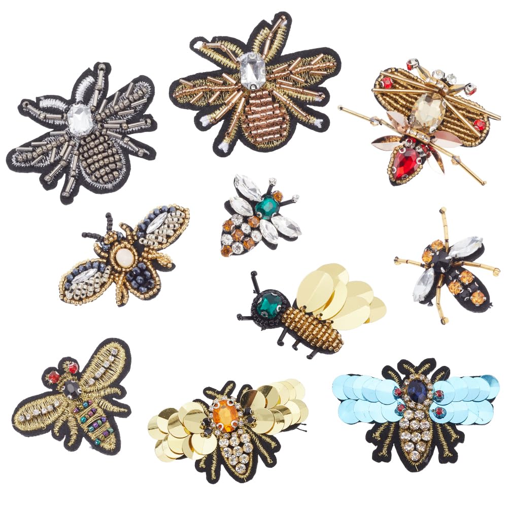 GORGECRAFT 10PCS 10 Styles Handmade Rhinestone Beaded Patches Bees Dragonfly Insect Sew on Crystal Pearl Sequin Patch Clothes Embroidery Applique for Clothing Bag Decorative Scrapbooking DIY Projects
