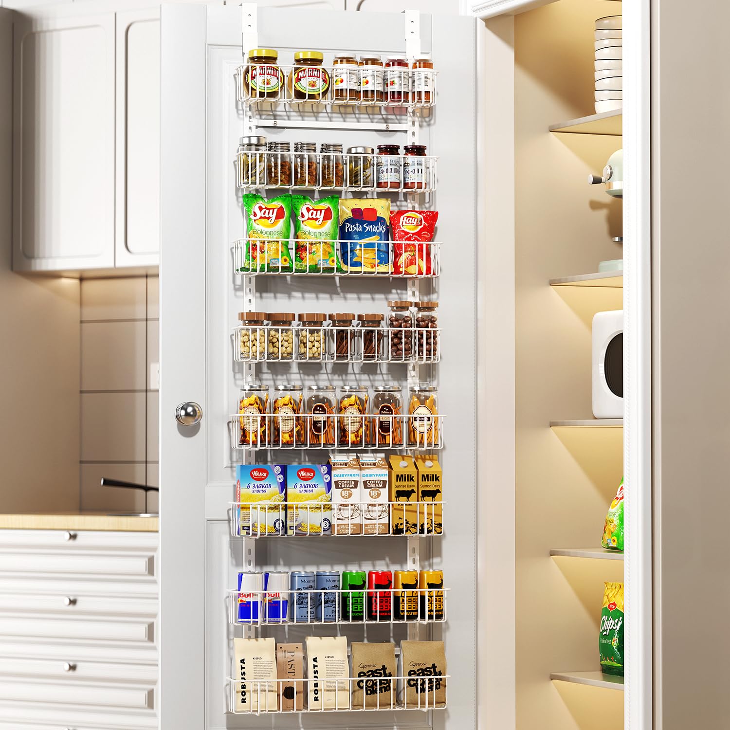 Photo 1 of Delamu Adjustable Cabinet Door Organizer, 8-Tier Hanging Spice Rack Organizer, Metal Over the Door Pantry Organizer, Pantry Organizers and Storage Shelves for Kitchen Bathroom Laundry Room, White
