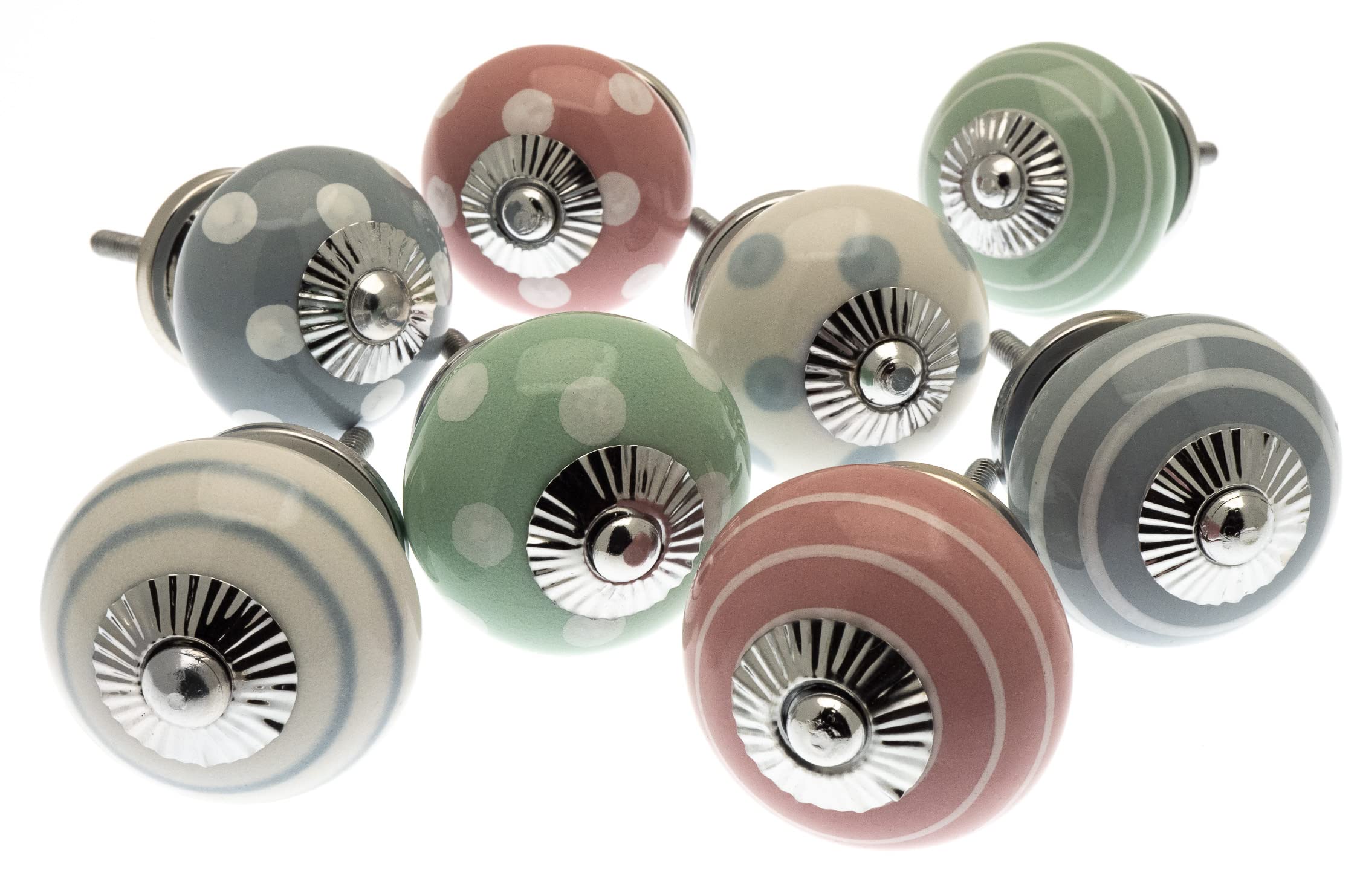 Mixed Set of Pink, Mint Green & Grey Ceramic Cupboard Knobs/Door knobs/Drawer knobs x Pack 8 (MG-214-A)