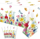 LKITMIUT 4 Pack Floral Tablecloth 86 x 51 Inch Watercolor Wild Flower Plastic