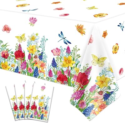 LKITMIUT 4 Pack Floral Tablecloth 86 x 51 Inch Watercolor Wild Flower Plastic