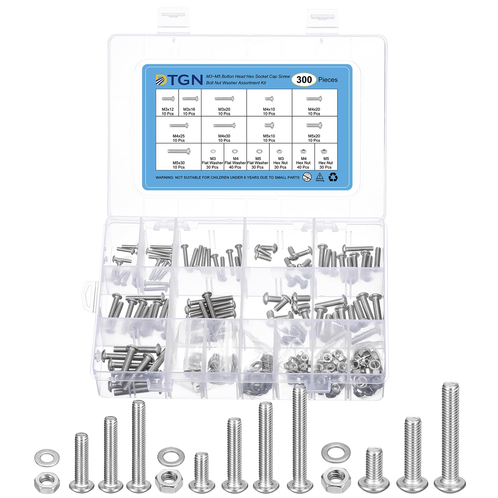 DTGN 300Pcs M3/M4/M5 Button Head Hex Socket Cap Screw - Bolt Nut Washer Assortment Kit 304 Stainless Steel - Good for Machine, Furniture