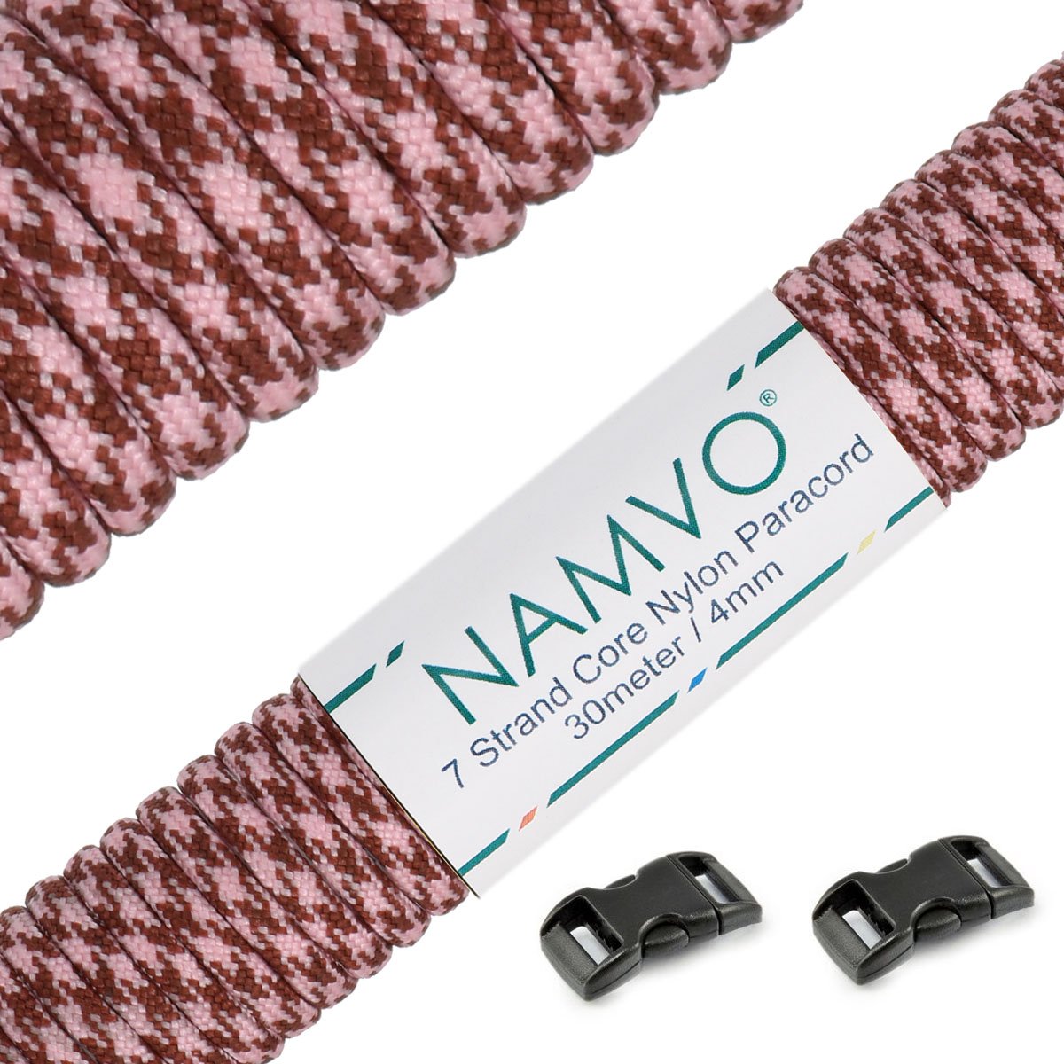 Namvo 550 Paracord Mil Spec Type III 7 strand parachute cord Total Length 100ft / 30 Meters, Pink + Brown Camo