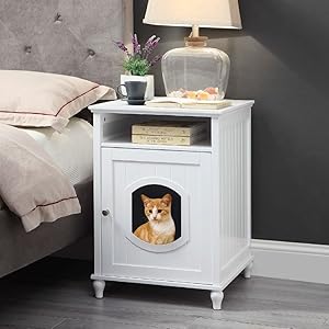 unipaws Designer Cat Washroom Storage Bench, Litter Box Cover with Sturdy Wooden Structure, Spacious Storage, Easy Assembly, Fit Most of Litter Box