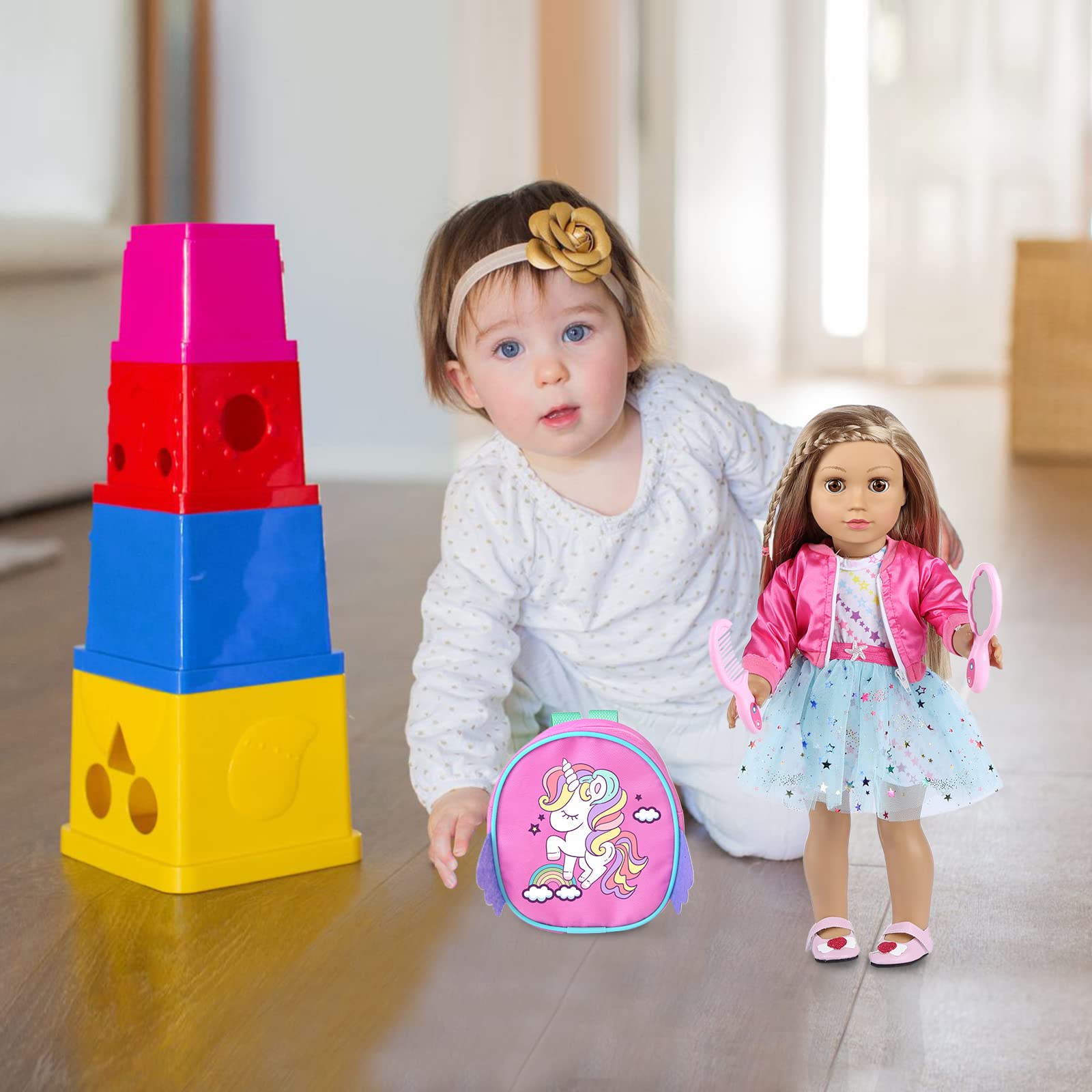 American 18 Inch Doll Clothes and Makeup Accessories Set Includes Clothes Backpack Sunglasses Phone Shoes Comb Mirror Eye Shadow Lipstick Hair Clip Hair Tie(Doll NOT Included)