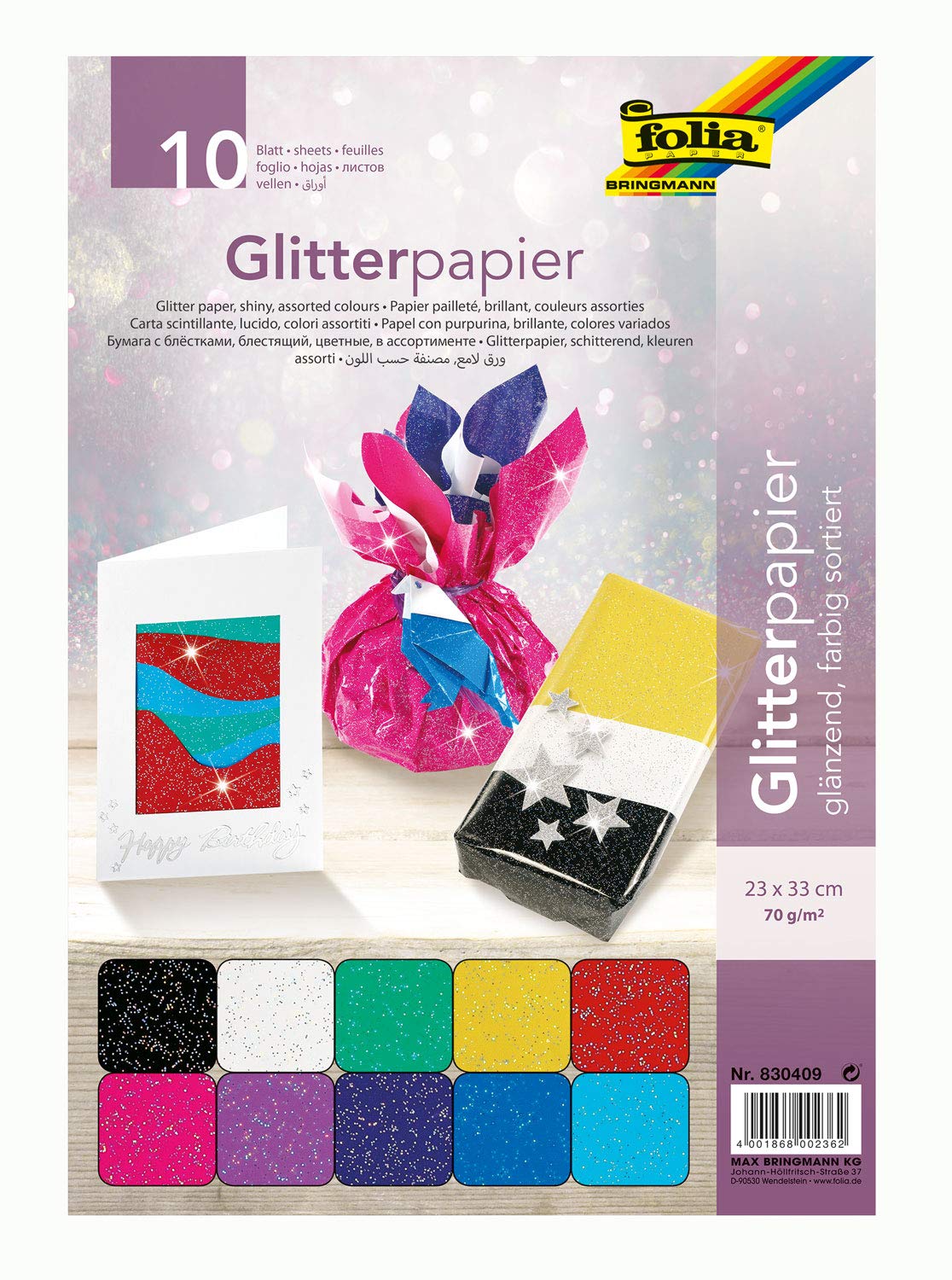 Folia 830409 - Glitter Paper 70g/m², 23 x 33 cm, 10 Sheets, Assorted Colours