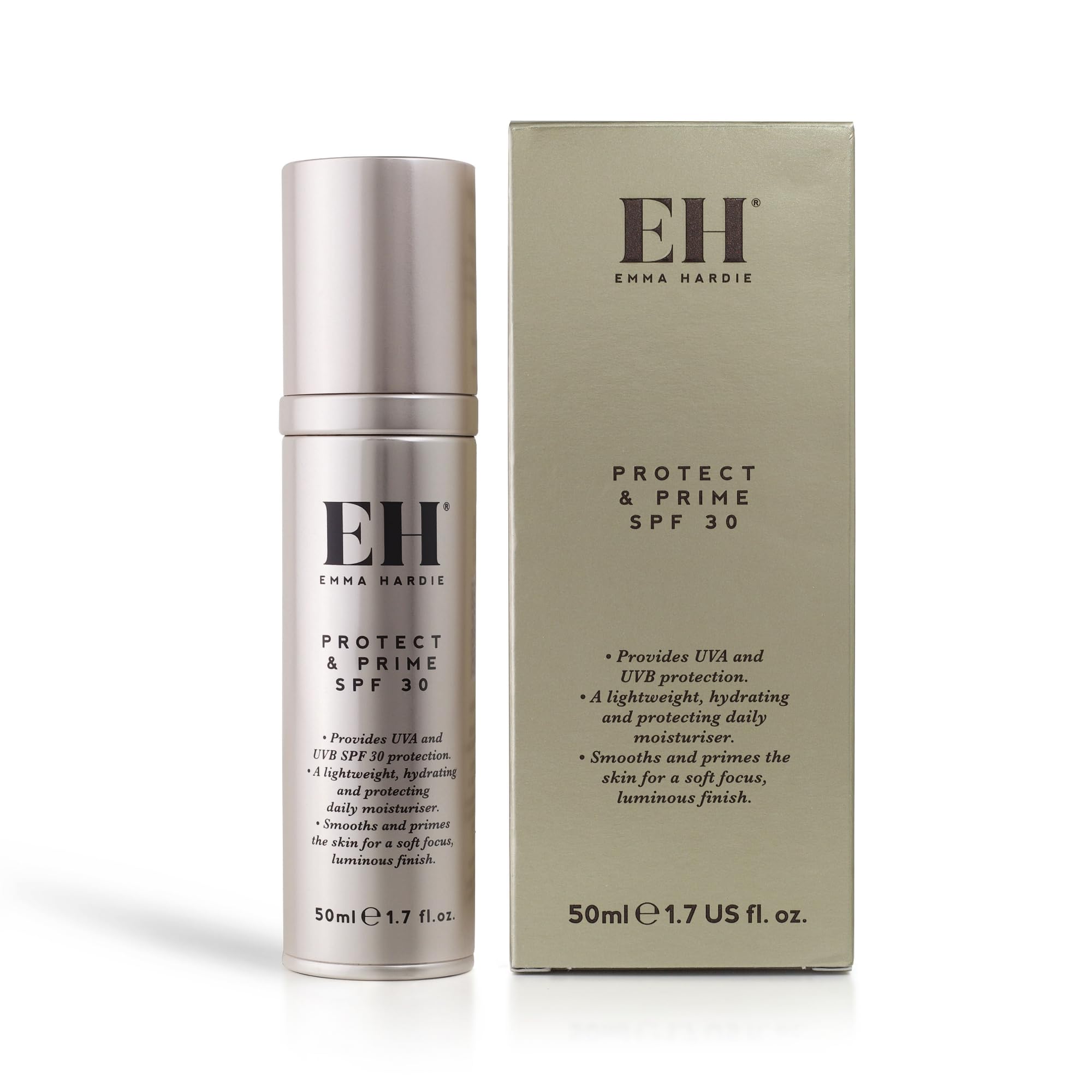 Emma Hardie 50ml Protect & Prime SPF30 Protection Sunscreen Moisturiser with Hyaluronic Acid, Defences Against UVA & UVB Damage and Premature Ageing, Excellent as Make-Up Primer, Vegan & Cruelty Free