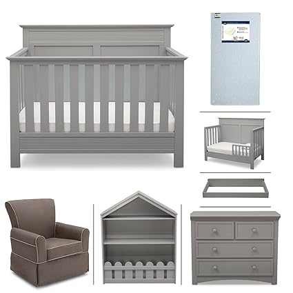 Crib Furniture 7 Piece Nursery Set With Crib Mattress Convertible Crib Dresser Bookcase Glider Chair Changing Top Toddler Rail Serta Fall