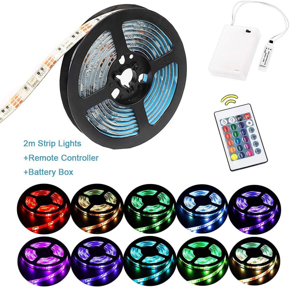 LED Strip Lights Battery Operated 9.8ft 90 LED Strip Lights With Remote Timer Dimmable Waterproof Flexible Lights For Indoor Outdoor TV Table Bedroom Boat Kitchen (Multicolor