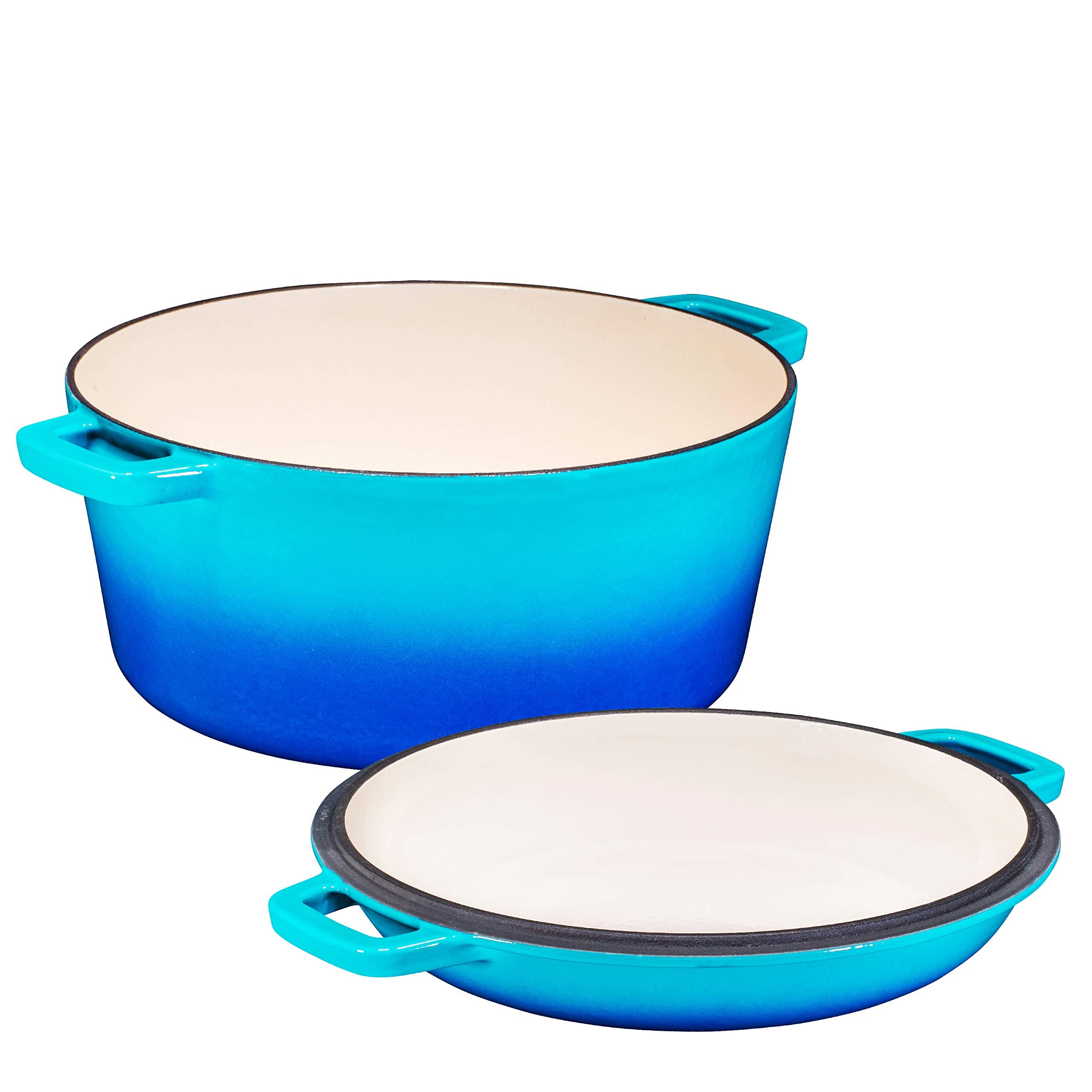 Bruntmor 2-in-1 Enamel Cast Iron Dutch Oven With Handles - Crock Pot Caribbean Blue Cast Iron pot with Skillet lid - All-in-One Cookware Braising Pan for Casserole Dish - 5 Quart, Caribbean Blue