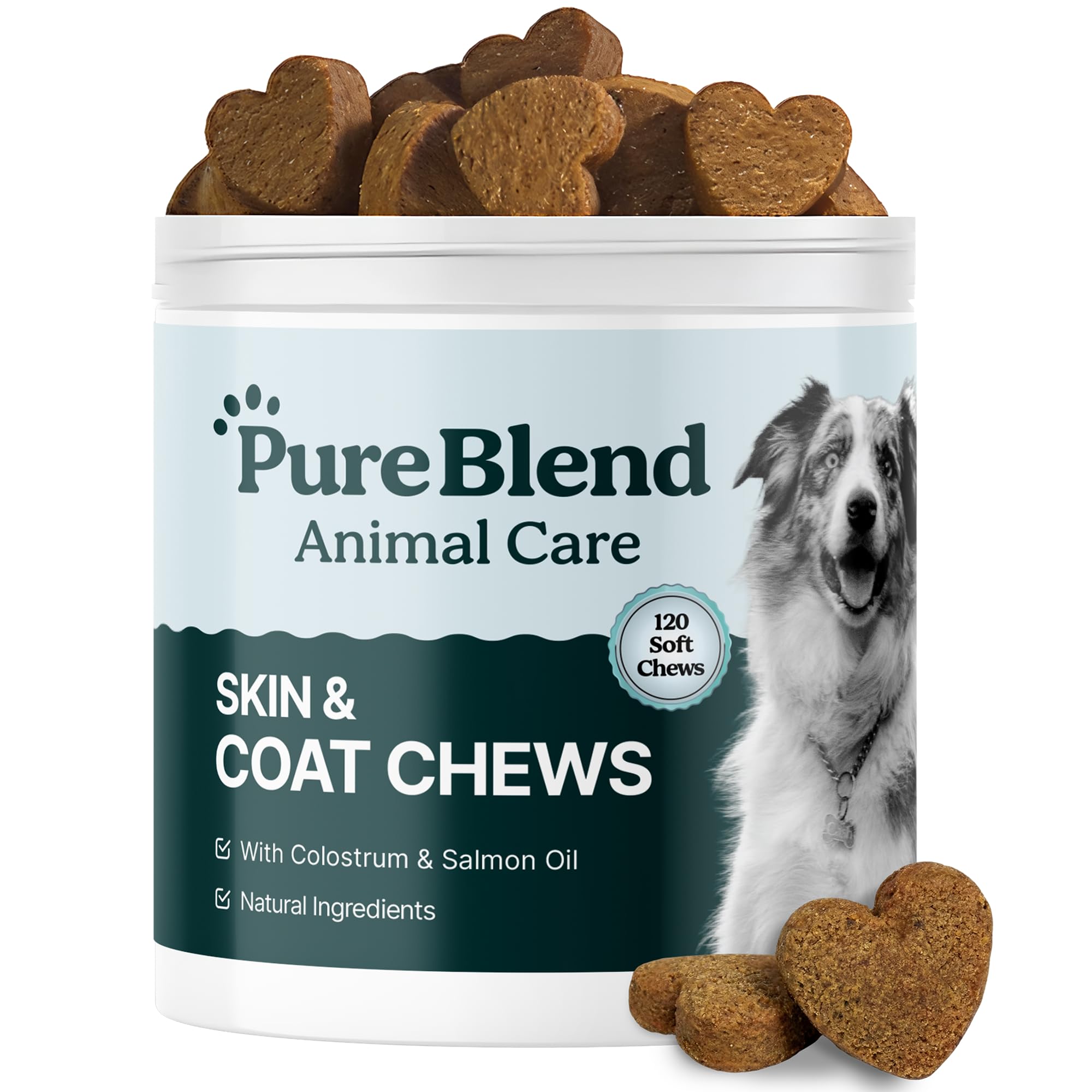 PureBlend Skin & Coat Soft Chews for Dogs — With Colostrum, Salmon Oil, Probiotics & Brewer's Yeast — Dog Coat Supplement — 120 Chews, Up to 4 Month Supply